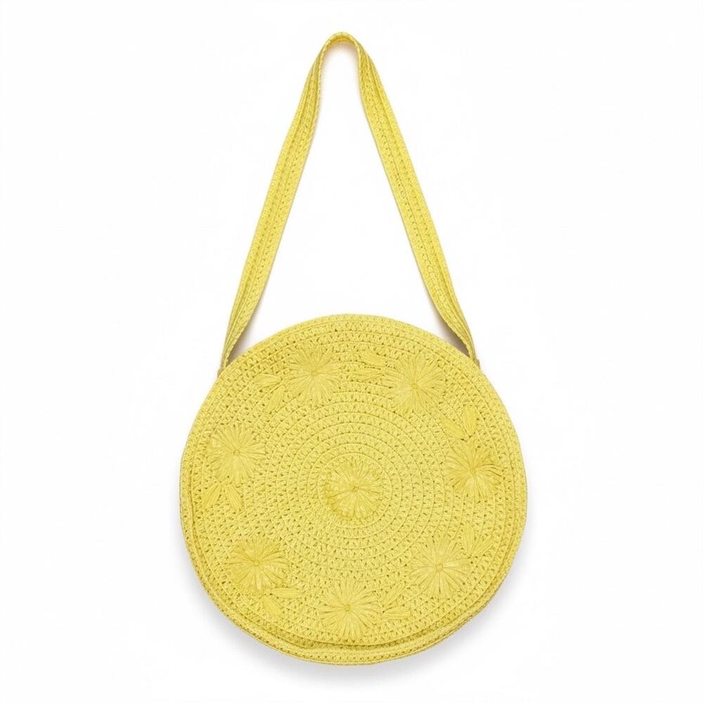 Vintage Yellow Round Plastic Straw Shoulder Bag Floral Woven Boho Summer Purse